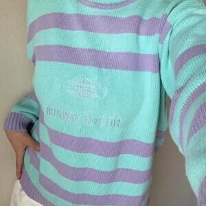 Vintage 90s stripe "runway to fun" sweater teal purple retro german euro preppy